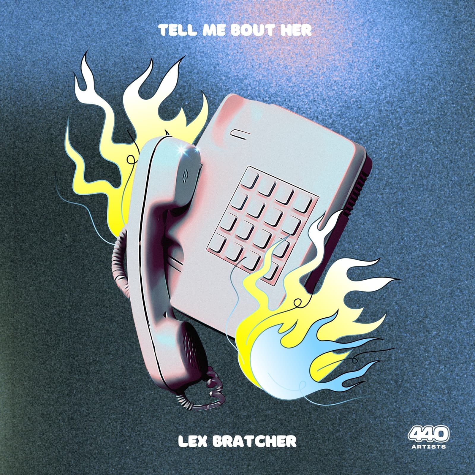 Tell Me Bout Her cover: a pink landline phone with yellow and blue flames on blue grain
